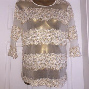 Topshop Sheer Lace Mesh Metallic Gold Thread Top
